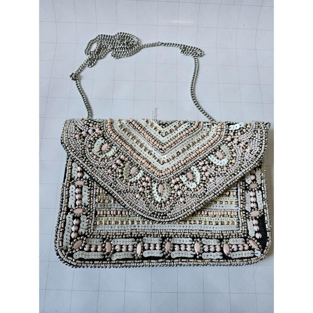 Beaded Clutch Purse Blush Ivory Metallic Sequins Foldover Bag Silver Chain