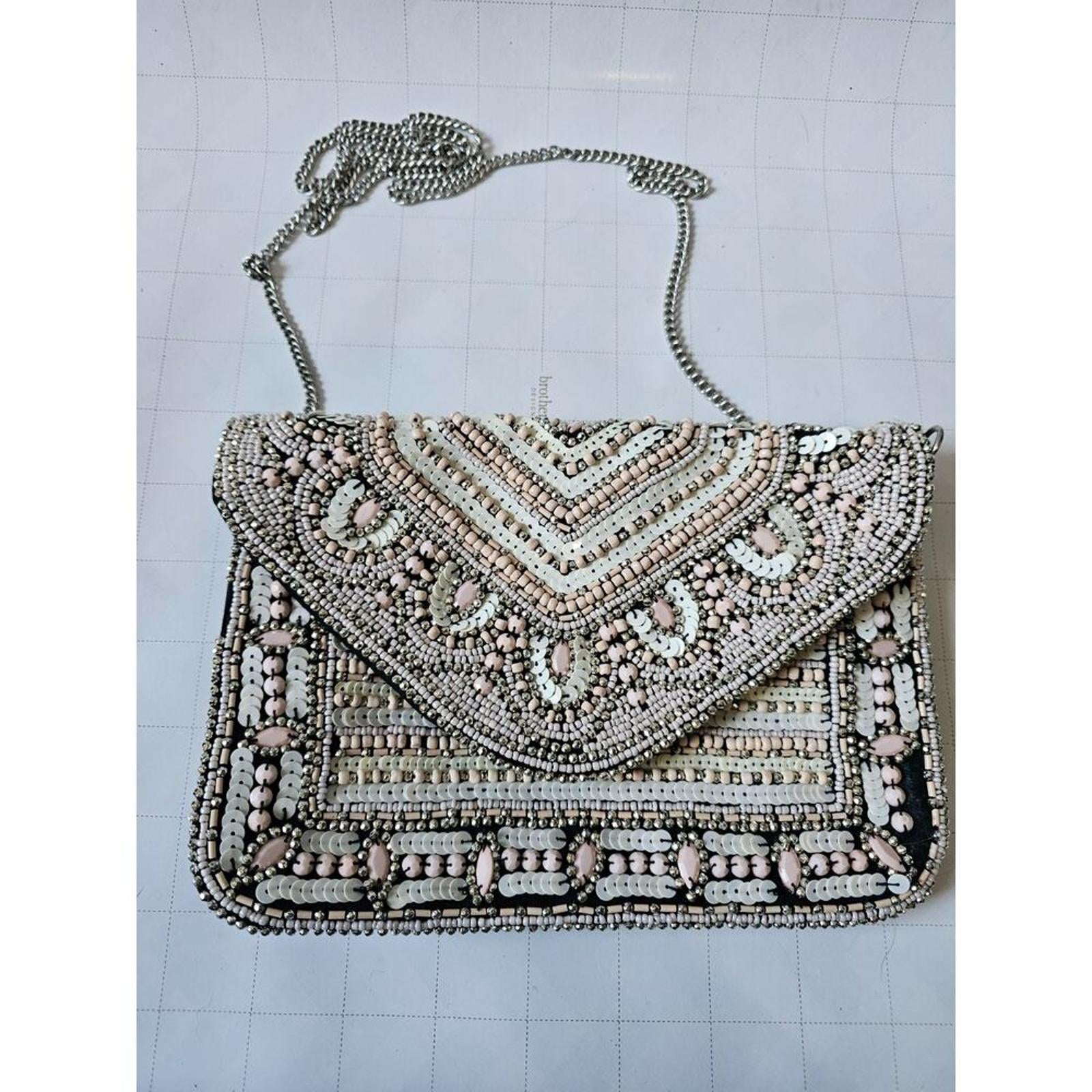 Beaded Clutch Purse Blush Ivory Metallic Sequins Foldover Bag Silver Chain
