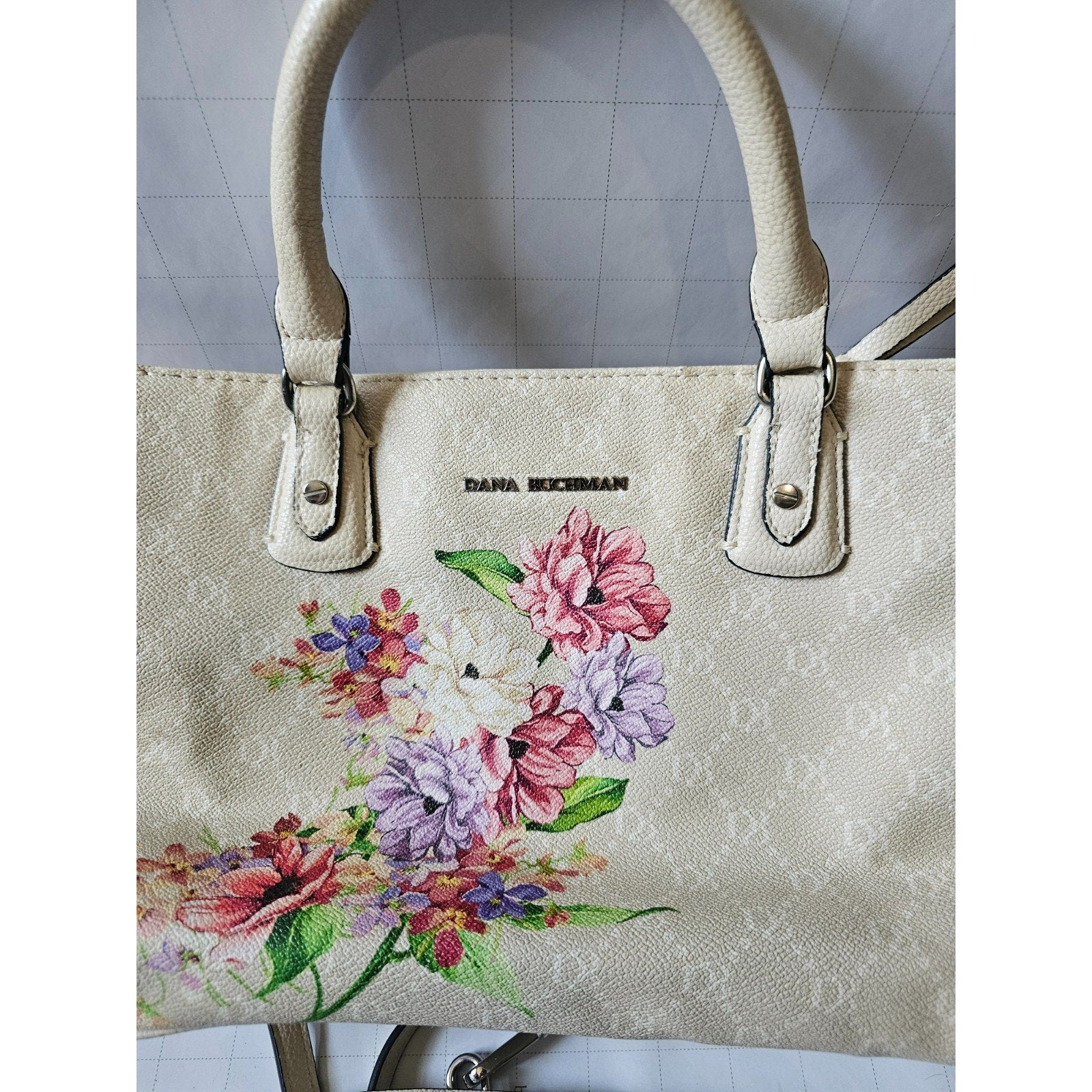 Dana Buchman Floral Print Satchel Tote Bag Cream Faux Leather DB Monogram