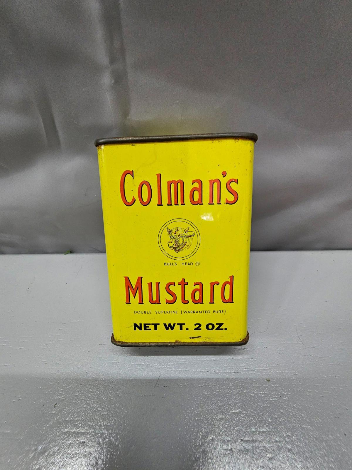 Colman's mustard tin 2 oz empty Bull Head logo Made in Britain Farmhouse Decor