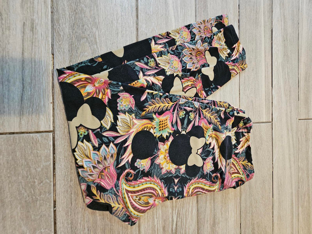 Disney Lularoe TC Leggings Black Minnie Mouse Silhouette Floral Print