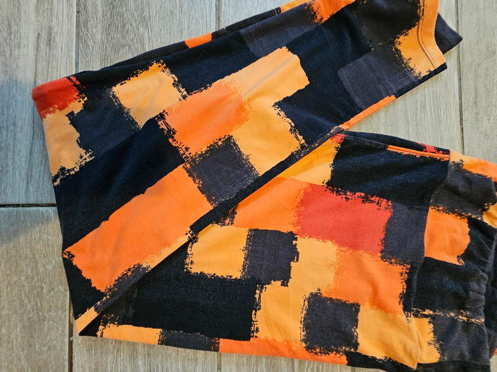 Lularoe TC2 Leggings Orange Black Plaid Brush Print Halloween Colors