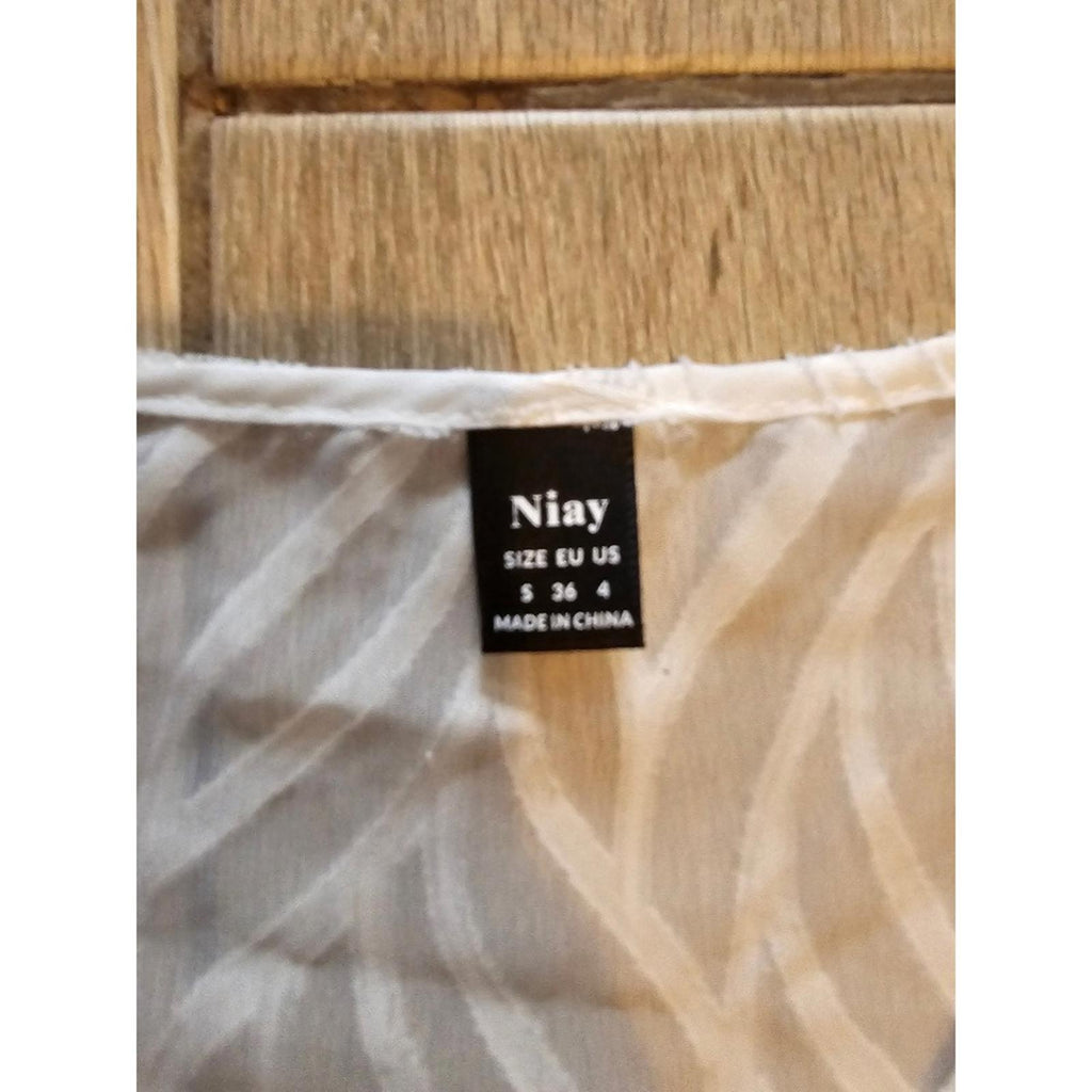 NiaY White Ruffle Sleeve V-neck Sheer Textured Blouse S