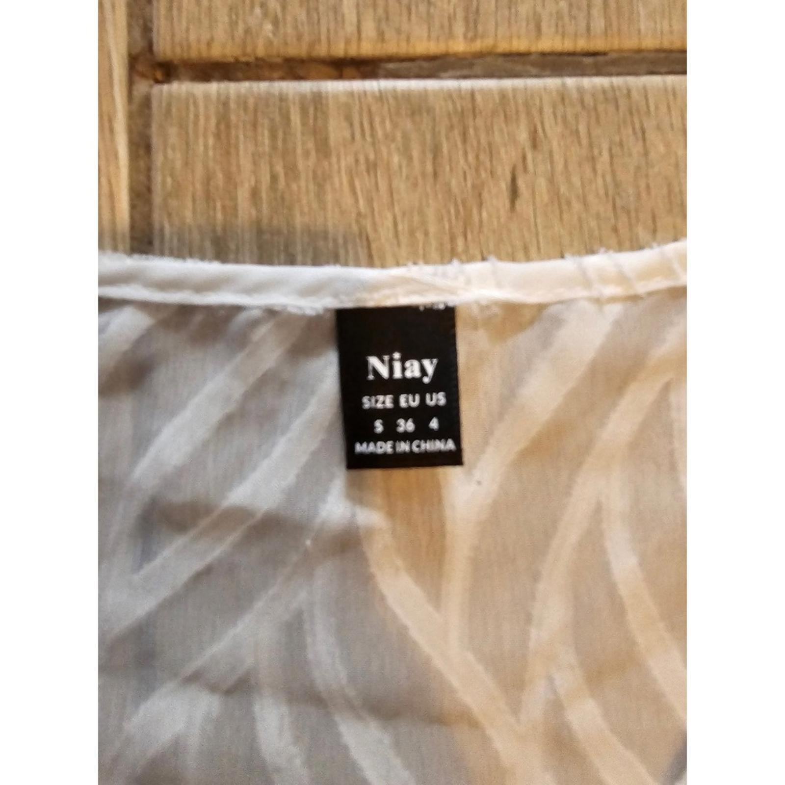 NiaY White Ruffle Sleeve V-neck Sheer Textured Blouse S